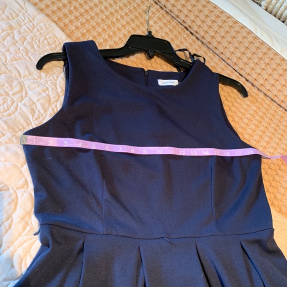 Calvin Klein Faux Leather Trim Fit&Flare Dress Blue/Black Size 12 - Picture 8 of 11